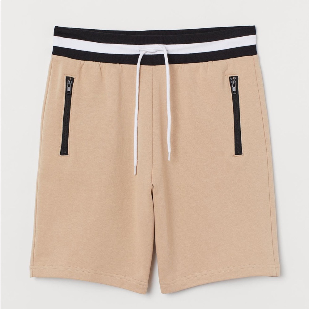 Beige sweat shorts with white stripe for men